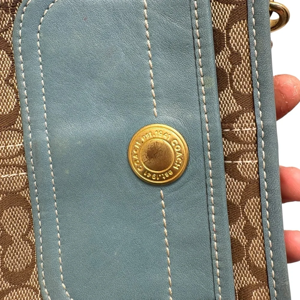 Coach vintage y2k rare ergo Brown Signature Canvas Wristlet Blue Leather Pocket